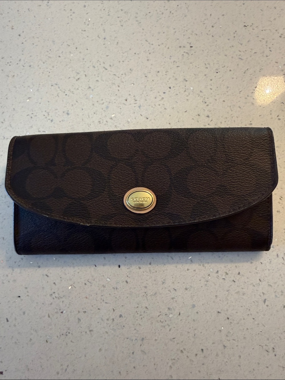 Coach Brown Signature Canvas Continental Wallet with Gold-Tone Hardware